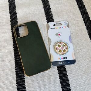 iPhone 16 Pro Max Phone Case with Floral PopSocket Grip Green and Gold